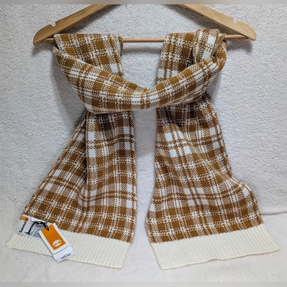 NWT Timberland Brown and Cream Checkered Scarf Reversible